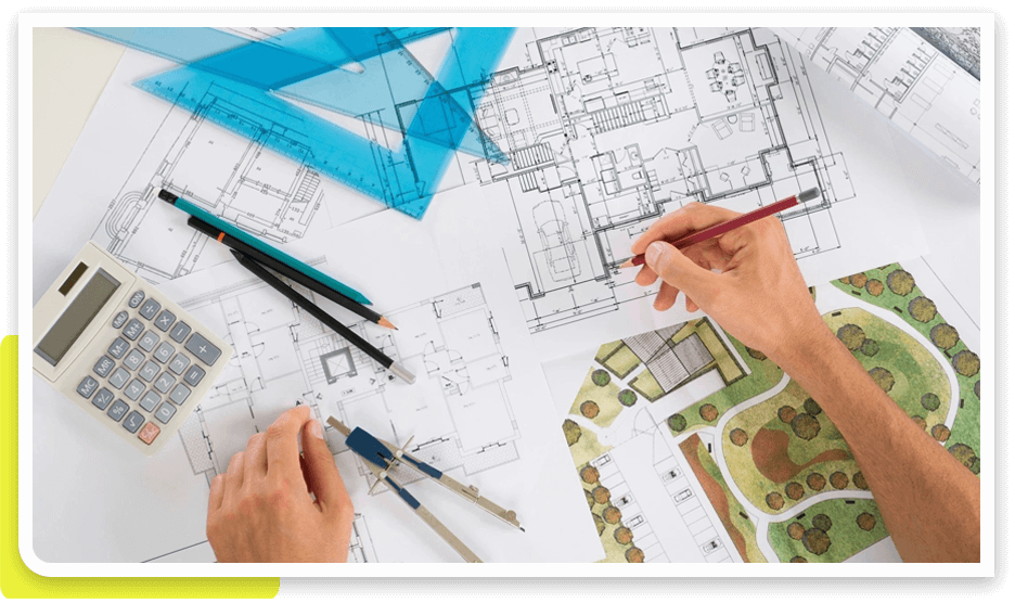 Architectural plans, pencil, calculator and ruler